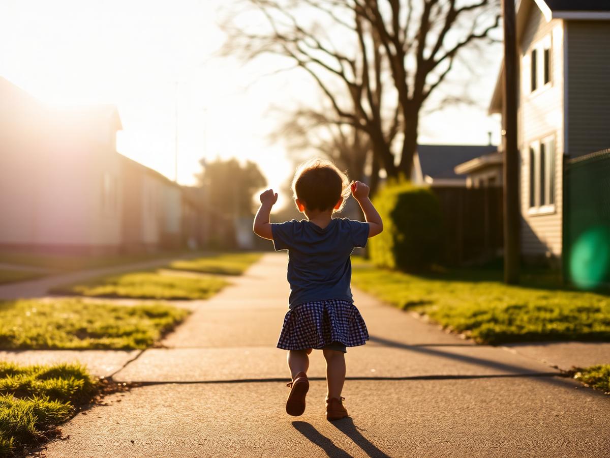 A child walking confidently in warm sunlight