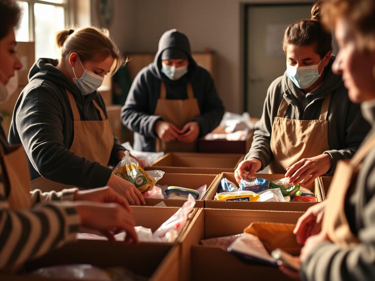 Volunteers packing boxes of essential goods for families